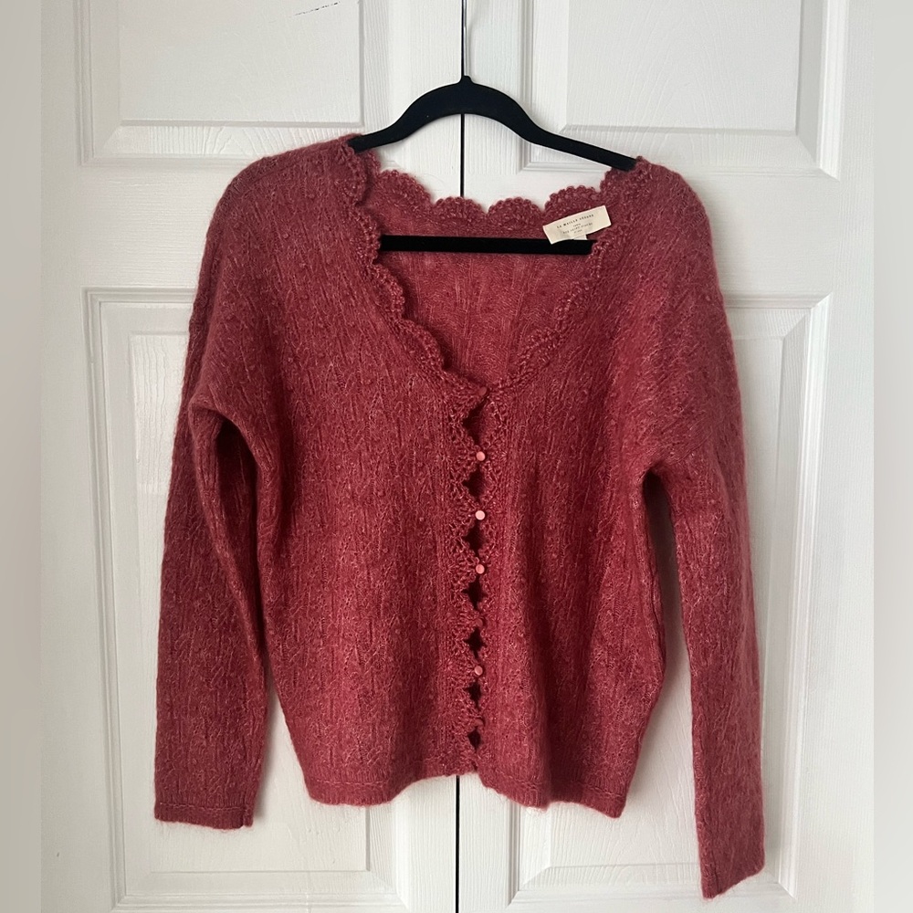 Sézane - “Anaelle” Reversible Knit Cardigan with Scalloped Edges in Rosewood